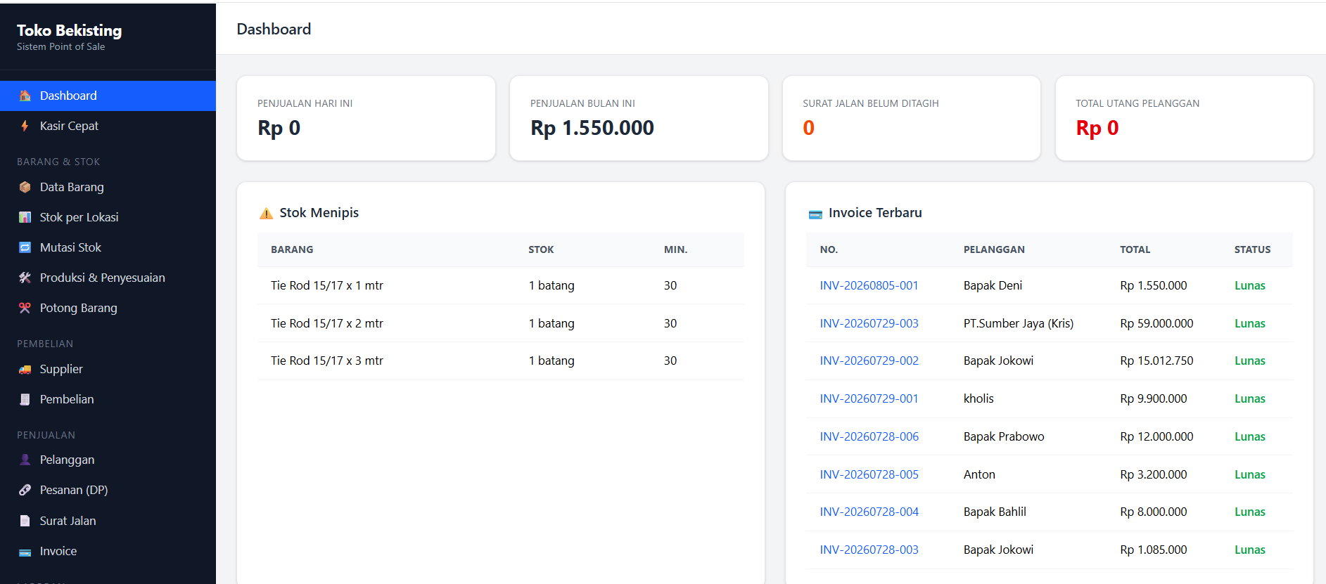 Screenshot Toko Besi & Sparepart — Sistem POS, Stok Multi-Gudang & Distribusi