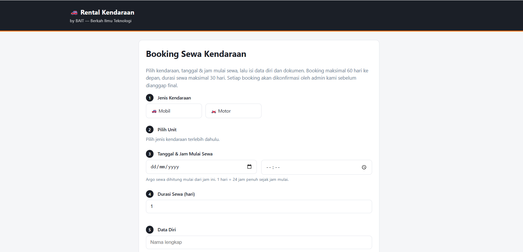 Screenshot Rental Kendaraan — Sistem Sewa Motor & Mobil